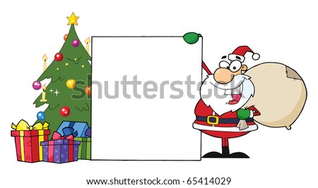 Santa Claus Presenting A Blank Sign And Christmas Tree