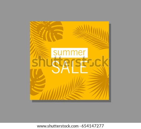 Orange summer sale tropical banner with exotic palm leaves and plant. Vector floral square design with white text.