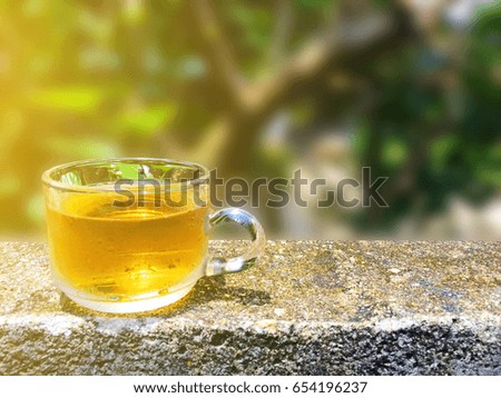 Cool tea in a clear glass cup is place outdoors.