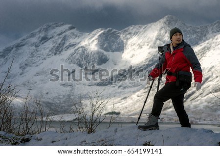 Mountains, snow and the photographer with camera.