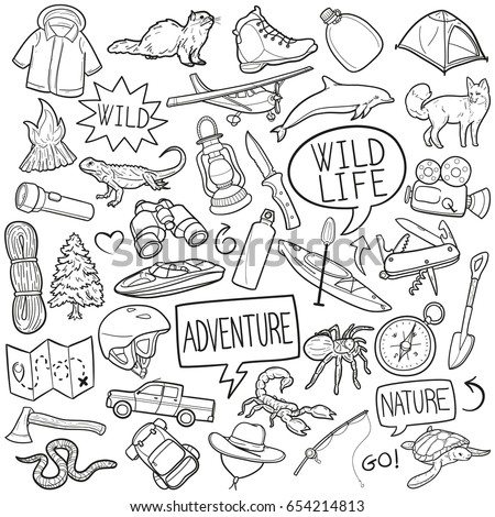 Wild Life Adventure Sport Doodle Icons Sketch Hand Made Graphics vector Illustration Clip Art.