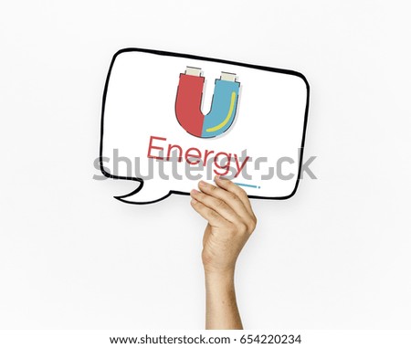 Hand holding banner of horseshoe magnetic field energy illustration
