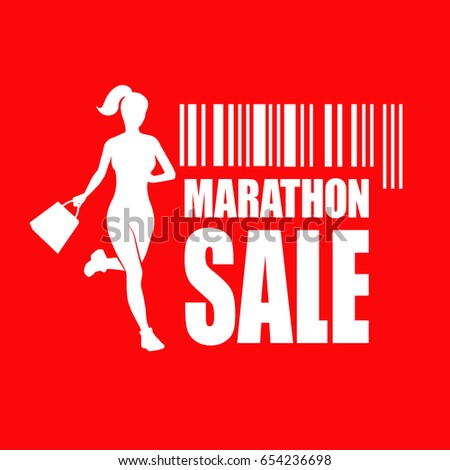 Running girl with bag and barcode. Marathon sales. Vector illustration.
