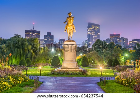 Boston, Massachusetts, USA skyline at the public garden. Royalty-Free Stock Photo #654237544
