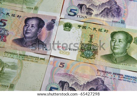 Renminbi, China Chinese money - one and five Yuan bills background.  Concept photo of money, banking ,currency and foreign exchange rates.  No people. copy space
