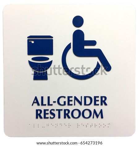 All gender generic bathroom plaque sign indicating handicap accessible. Braille alphabet along the bottom for visually impaired. Isolated on white background