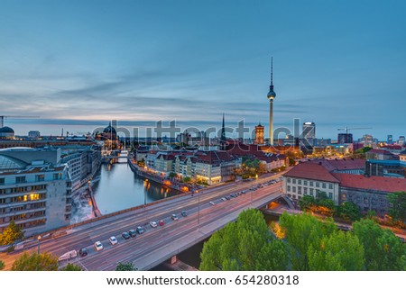 The center of Berlin with the television tower at dusk