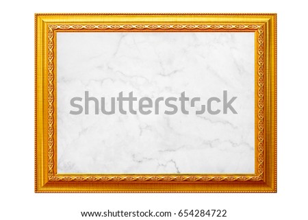 Gold vintage photo frame with white marble texture isolated on white background.