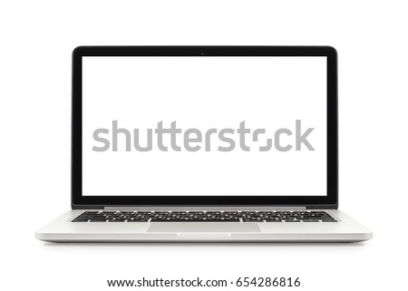 Laptop with white blank screen isolated on white background, white aluminium body Royalty-Free Stock Photo #654286816