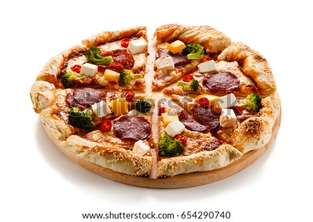 Pizza pepperoni with broccoli and white cheese on white background 