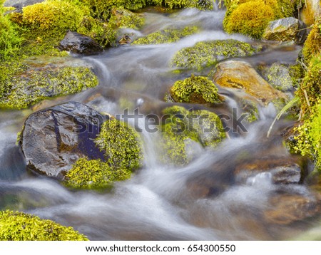 Water flow in the mountains, mountain stream on a long time exposure shot.
