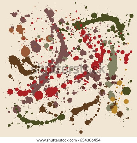 Ink vector splats, colorful hand drawn paint spots background. Bright hipster grunge graffiti. Acrylic, gouache or wall oil paint splatter banner pattern. Smudge, blobs, brushstroke dabs. 
