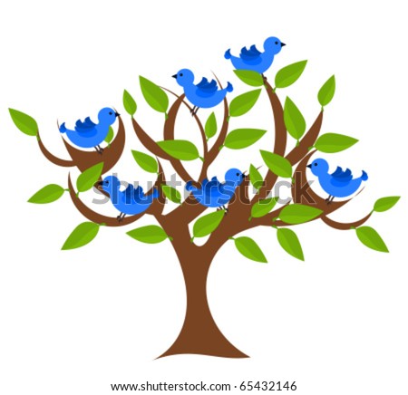 Fantasy tree with blue birds. Vector illustration