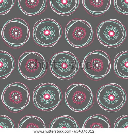 Abstract seamless pattern of flowers in circles. Background for poster or cover. Figure for textiles. Hand drawn style.