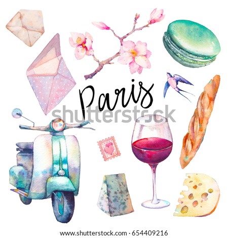 Watercolor Paris set. Hand drawn elements of french culture isolated on white background: vintage scooter, macaron, cheese, red wine glass, magnolia brach, baguette.