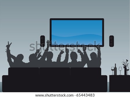 vector Group of people sitting on a sofa watching an event enjoying their home cinema - paste your own image