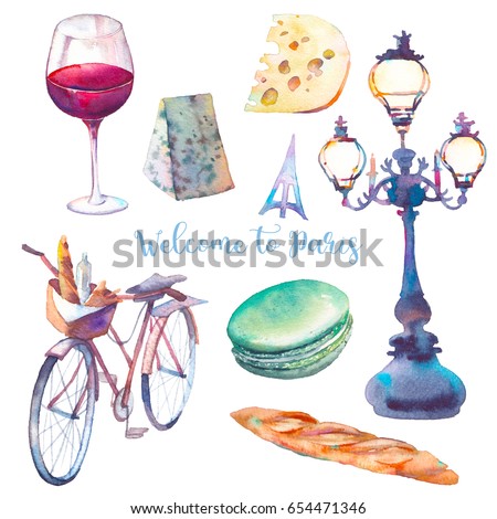 Welcome to Paris. Watercolor Paris set. Hand drawn elements isolated on white background: street lantern, bicycle, macaroon, cheese, red wine glass, baguette.