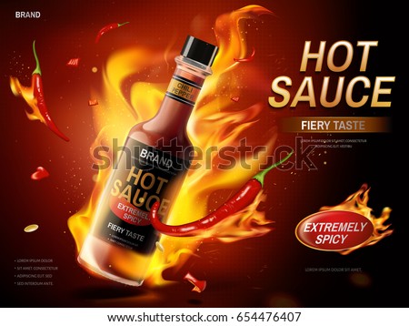 hot sauce ad with red chili pepper and fire elements, dark red background, 3d illustration 