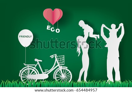 Happy family having fun playing in the green field background,Creative paper art and craft style.Ecology and Environment day concept.Eco friendly nature idea.Minimal happiness people enjoy.vector 