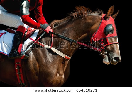 Jokey on a thoroughbred horse in red mask runs isolated on black background