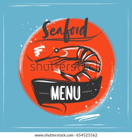 Drawn logo shrimp on blue background with sketch elements