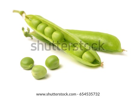 A fresh green pea pod on a white background