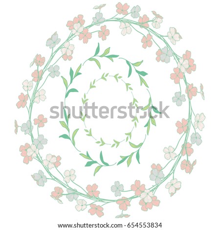 Set of 3 Colorful Doodle Hand Drawn Decorative Wreaths with Branches, Herbs, Plants, Leaves and Flowers, Florals. Vector Illustration. Frames, Circles
