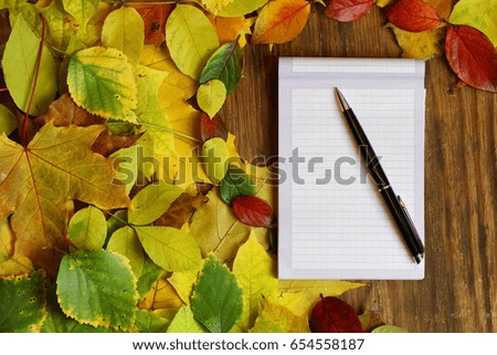 empty paper on autumn leaves background and pen