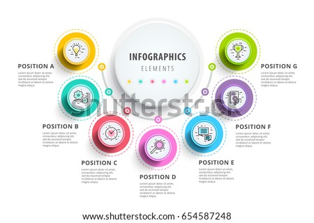 Business 7 step process chart infographics with step circles. Circular corporate graphic elements. Company presentation slide template. Modern vector info graphic layout design. Royalty-Free Stock Photo #654587248