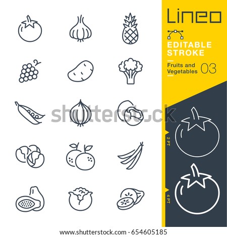 Lineo Editable Stroke - Fruits and Vegetables line icons
Vector Icons - Adjust stroke weight - Expand to any size - Change to any colour