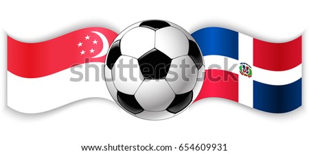 Singaporean and Dominican wavy flags with football ball. Singapore combined with Dominican Republic isolated on white. Football match or international sport competition concept.