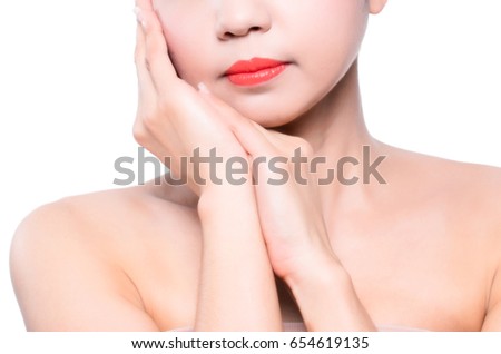 close-up face of beautiful woman. beautiful spa woman touching her face. isolated on white background.