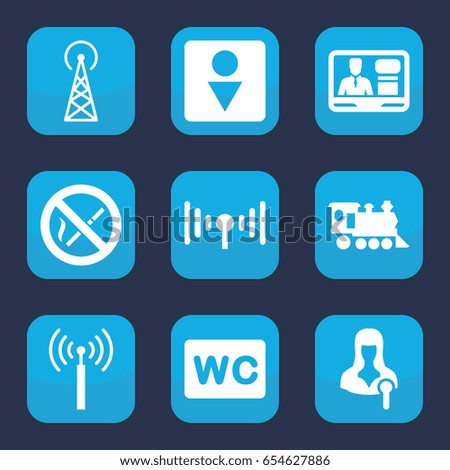 Public icon. set of 9 filled public icons such as signal tower, wc, male wc, locomotive, woman speaker, tv speaker, signal