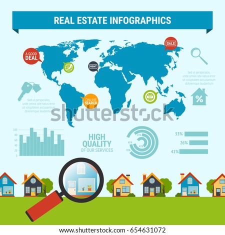 Real estate infographic set with map and house searching symbols flat vector illustration