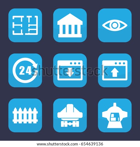 View icon. set of 9 filled view icons such as fence, cargo plane back view, luggage compartment in airplane, eye, plan, 24 hours, bank, window browser upload