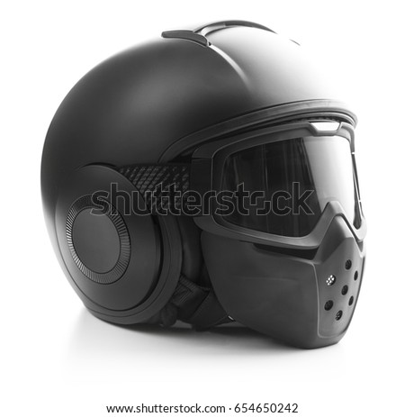 Black motorcycle helmet isolated on white background.