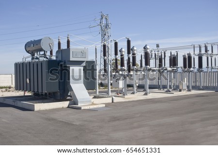 Electric Power Substation:
Electricity Substation, Power Line, Power Station, Equipment, Cable Royalty-Free Stock Photo #654651331