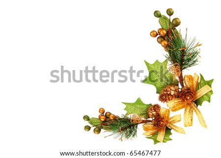Holiday frame border with Christmas tree branch ornament  as winter decoration isolated on white background
