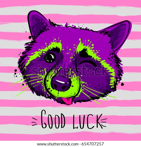 Cute t shirt design with colorful neon raccoon face on stripes repeated backdrop.  motivation text Good luck.  original childish style. animals face poster 