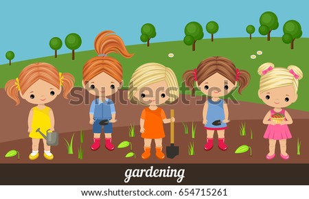 Five lovely girls gardeners on a kitchen garden