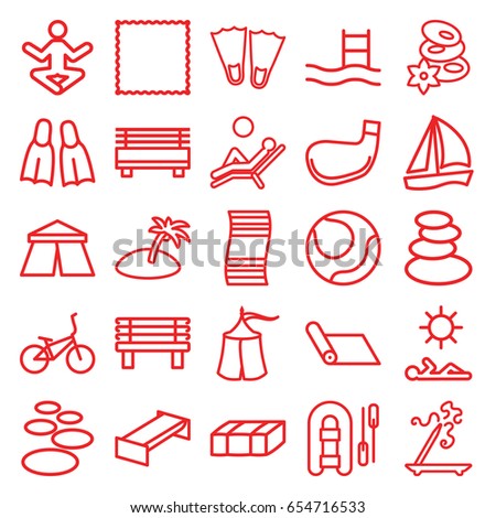 Relaxation icons set. set of 25 relaxation outline icons such as garden bench, tent, spa stones, aroma stick, carpet, bench, flippers, man laying in sun, man laying in the sun