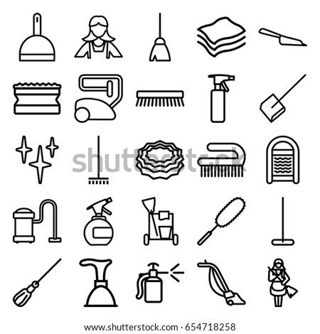 Cleaner icons set. set of 25 cleaner outline icons such as spray bottle, plunger, cleaning tools, broom, vacuum cleaner, mop, dustpan, clean, sponge, dust brush, clean brush