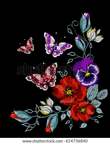 Isolated ornament of embroidered flowers and butterfly on a black background. Vector illustration.