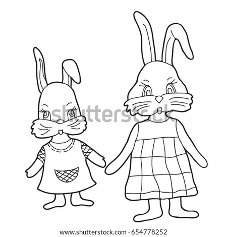 Coloring for children.  Girl's hares. Hand drawn. Black and white vector illustration.