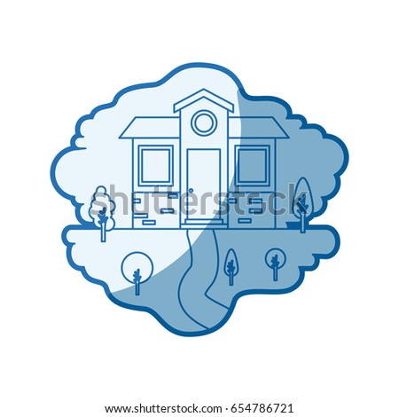 blue shading silhouette scene of natural landscape and small house facade vector illustration