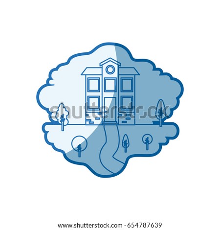 blue shading silhouette scene of natural landscape and facade house of two floors with attic vector illustration
