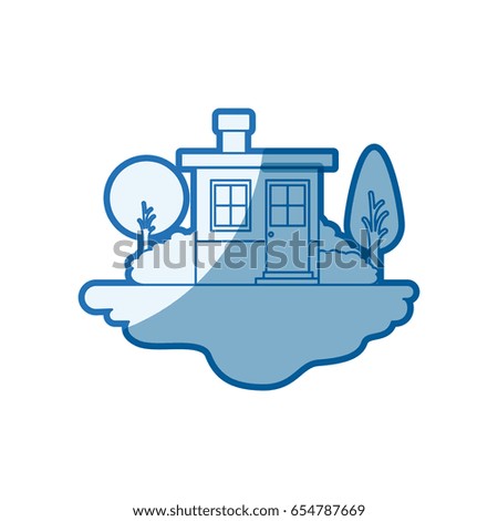 blue shading silhouette scene of outdoor landscape and small house with chimney vector illustration