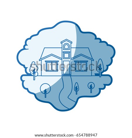 blue shading silhouette scene of natural landscape and facade house with attic vector illustration