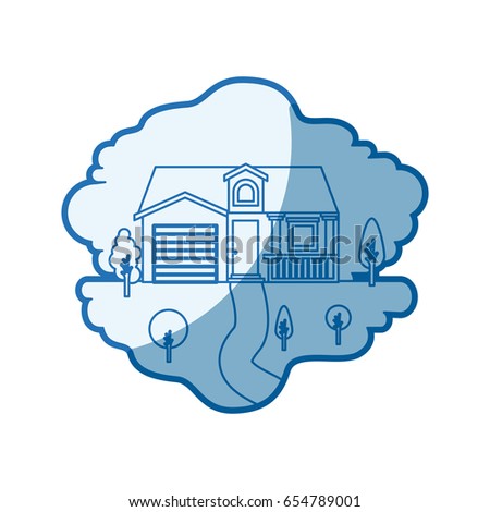 blue shading silhouette scene of natural landscape and facade house with garage and attic vector illustration