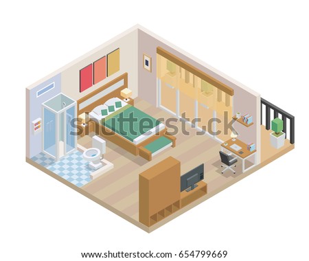 Modern Isometric  Design - Bedroom And Bathroom